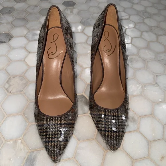 Sam Edelman Brown Sequin Plaid Heels - Picture 3 of 3